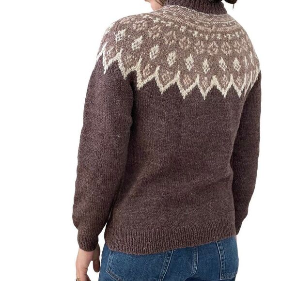 Vintage Womens Hand Knit 100% Wool Brown Fair Isle Scandinavian Sweater Sz M - Picture 9 of 10